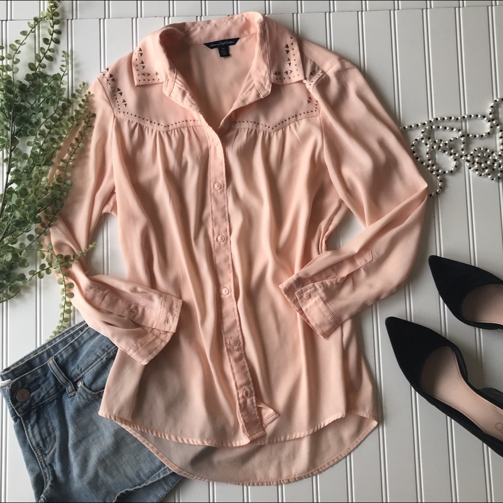 American Eagle pink blouse long sleeve button up - Picture 1 of 8